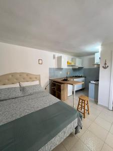 a bedroom with a bed and a desk and a kitchen at Casa vacanze Alfano in Ascea