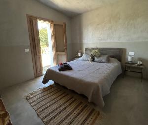 a bedroom with a large bed and a large window at Stazzu Pittorra per 4 persone in Barrabisa