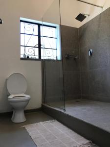 a bathroom with a toilet and a glass shower at Birdsong Bungalow in Livingstone +17 photos