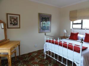 a bedroom with a bed with red pillows and a desk at Berg En See in Kleinmond