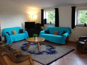 uma sala de estar com dois sofás azuis e uma mesa em Groepsverblijf Snowview Lodge em Medendorf