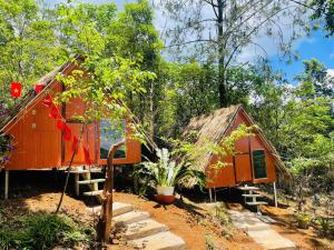 a cabin in the woods with a tree at Homestay Vườn Cam in Kon Von Kla