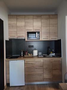 a kitchen with wooden cabinets and a white refrigerator at Self Check-in Studio apartman Vito in Lipovac