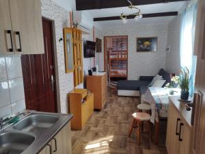 a kitchen with a sink and a living room at Betlejem Nad Jeziorem in Gostyczyn