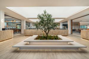 a tree in a planter in the middle of a lobby at Kouros Palace Active Lifestyle Hotel in Mastihari