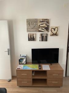 a living room with a tv and a wooden entertainment center at Casa Estancia Apartment in Njivice