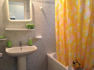 un bagno con lavandino e tenda da doccia di Smile's Studios a Tsilivi Altre 74 foto