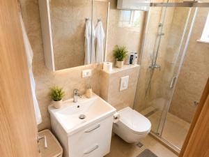 a bathroom with a toilet and a sink and a shower at Christina in Otok +29 photos