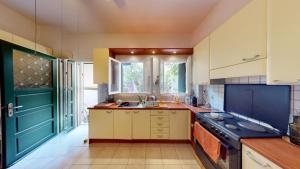 a kitchen with a green door and a sink at Amimoni Apartment in Nafplio