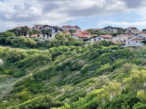 a village on top of a hill with houses at Hotel du Fronton in Bidart