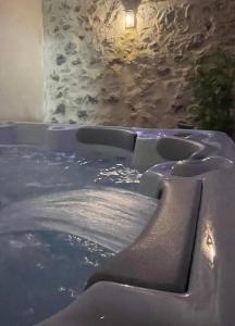 a bath tub filled with water next to a stone wall at Demeure BelPel - Appartement Daurel in Bessan