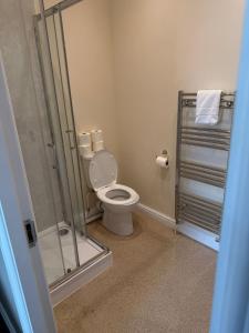 a bathroom with a toilet and a glass shower at The Crown in Hawes +22 photos