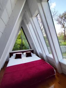 a bedroom with a bed with a large window at PiatrA Frame in Ştefeşti +62 photos