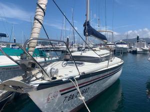 a sailboat docked in a marina with other boats at The Happy Sailor in Viana do Castelo