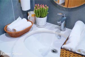 a bathroom sink with a basket of towels and a cactus at Jadore House in Danang