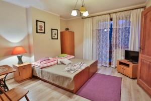 Un dormitorio con una cama, un escritorio y un televisor. en Ośrodek Wczasowy Sokół, en Rabka