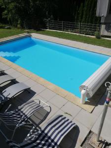 a blue swimming pool with two lounge chairs next to it at Le Paradis du Chalet Perce-Neige in Châtel-Saint-Denis