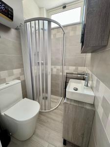 a bathroom with a shower and a toilet and a sink at "DOMUS LEONE" - Nel Borgo di Capri Leone in Capri Leone