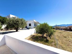 a white wall with trees on the side of a house at The Izi House in Egina