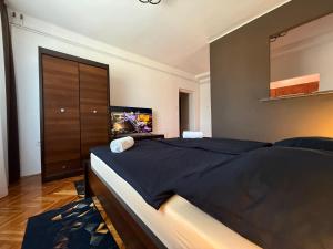 a bedroom with a large bed and a television at CENTRUM Apartman in Sárospatak