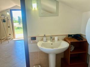 a bathroom with a sink and a mirror at AgroVerde Apartment a 10 minuti da Alghero in Tottubella +18 photos