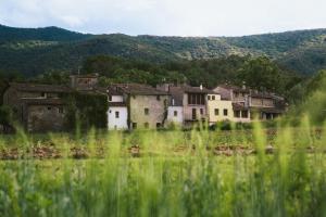 an old village in a field with mountains in the background at UMA Rural Boutique - La Garrotxa in Mieras