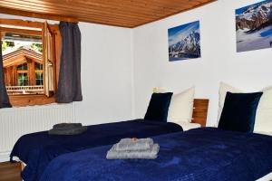 a bedroom with two beds with blue sheets and a window at Mountain Lodge Stubai in Neustift im Stubaital