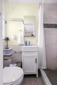 a white bathroom with a toilet and a sink at Waterfront Studio - Bay Views, Steps to Comm St in Provincetown