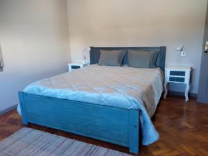 a bedroom with a blue bed with two pillows at Meda`s House in Meda