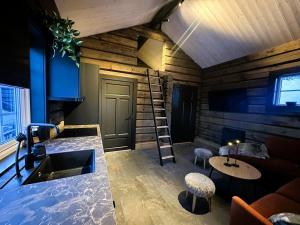 a living room with a ladder in a log cabin at Log cabin in Hodlekve with mountain view in Sogndal