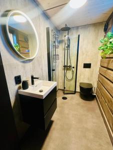 a bathroom with a sink and a shower in it at Log cabin in Hodlekve with mountain view in Sogndal +46 photos