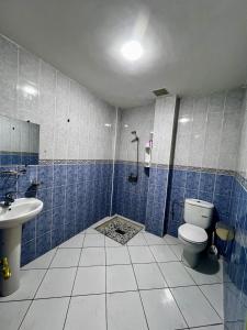 a blue and white bathroom with a toilet and a sink at Cozy Flat With Pool Near The Beach TAMRAGHT -APP13 in Tamraght Ouzdar