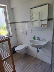 a white bathroom with a toilet and a sink at Ferienwohnung Müller in Zirkow +26 photos