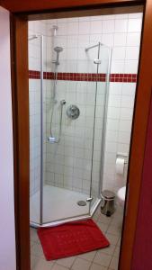 um chuveiro com uma porta de vidro na casa de banho em Ellenbergs Restaurant & Hotel em Heßheim