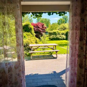 a patio with a picnic table in a garden at Rooi Bij de Knoptoren B&B in Sint-Oedenrode