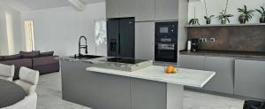 a kitchen with a counter with a stove top oven at ОмниЯ Терас in Chernomorets