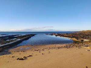 a large body of water with a sandy beach at Fisher Gallery in Pittenweem