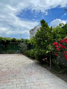 a brick walkway with flowers and a building in the background at Vila Manuel in Shëngjin +15 photos