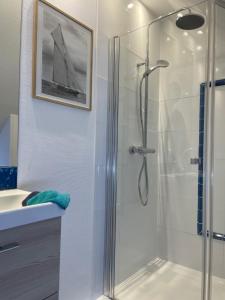 a bathroom with a shower with a glass door at Gite Gavotte in Concarneau +23 photos