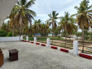 a row of benches in front of palm trees at Hamsa Farmstay - 2BHK AC Homestay in Mysore