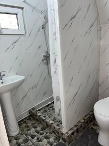 a bathroom with a toilet and a sink at A frame house with a view of mountains in Karakol +6 photos