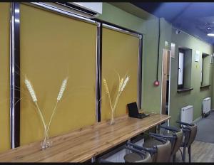 a conference room with a wooden table and chairs at Kochevnik capsule Hostel in Almaty