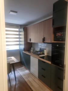 a kitchen with wooden cabinets and a black appliances at Apartman Katedrala in Sarajevo