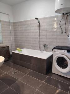 a bathroom with a tub and a washing machine at Retró Kúria in Fonyód +15 photos