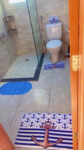 a bathroom with a shower and a toilet and a rug at MV Ras El Hakma 190 A in Ras Elhekma