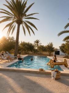 a group of people in a swimming pool with a palm tree at Maison Ile d'Olive in Midoun