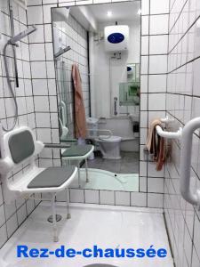 a bathroom with a shower and a toilet and a mirror at Brise Fraîche de la Montagne-Piscine et Jacuzzi-Appartement Cottage au rez-de-chaussée in Le Poujol-sur-Orb +22 photos