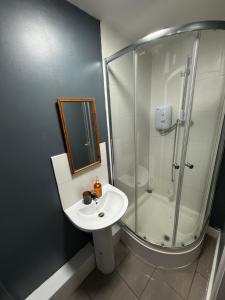 a bathroom with a shower and a white sink at Dudley Retreat in Dudley