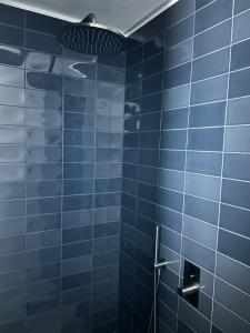 a blue tiled bathroom with a shower at La Locanda Azzurra in Sanremo