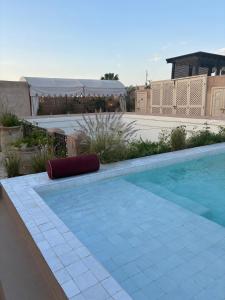a swimming pool with a red pillow sitting next to it at Riad Anaqa in Marrakesh
